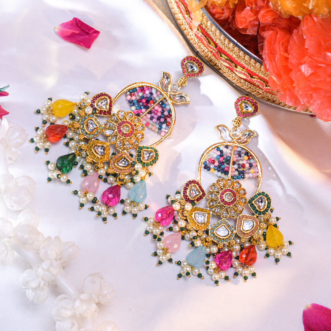Gold Finish Kundan Polki & Multi Colored Stone Earrings
