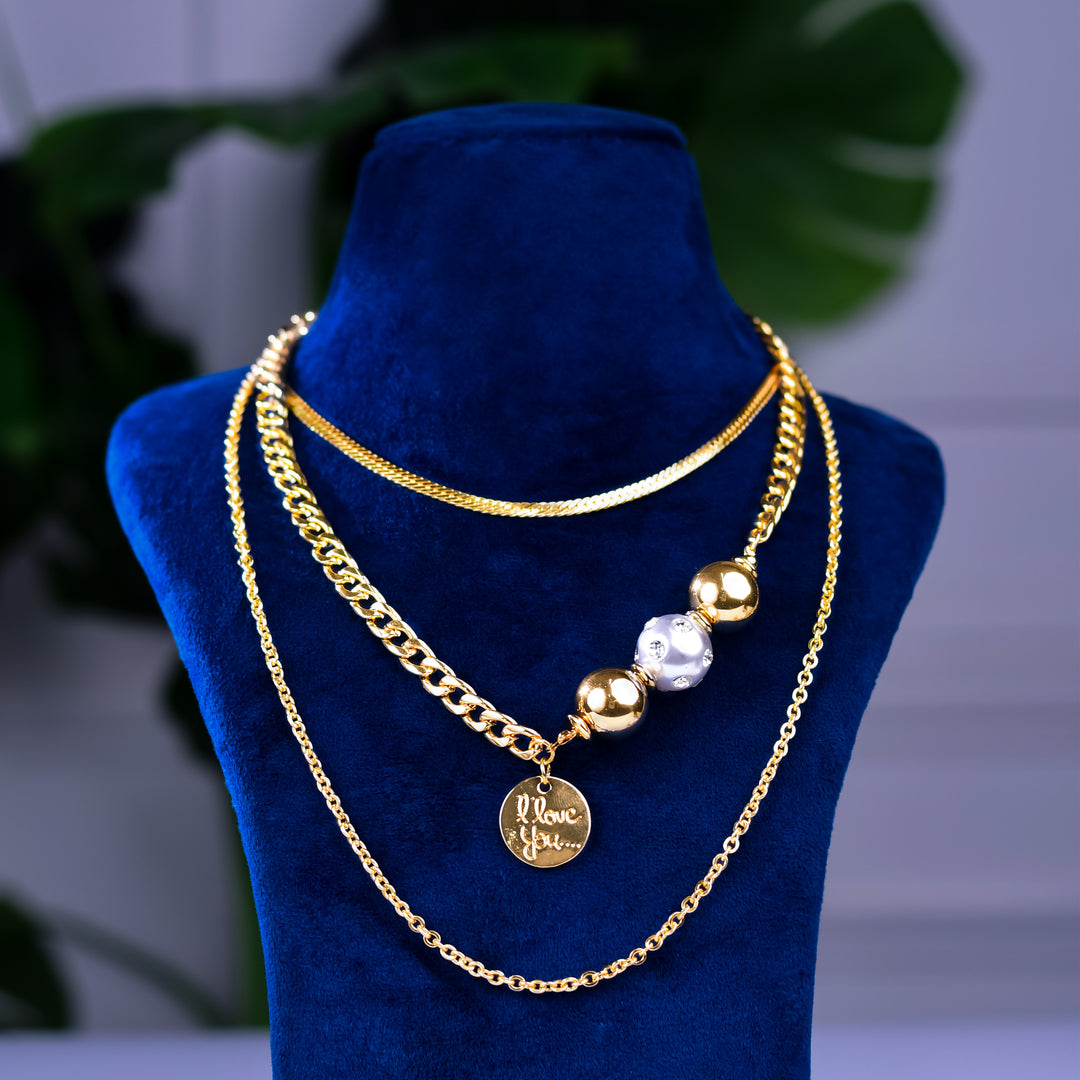 Glossy Gold Three Layer Chain Necklace With Pearl