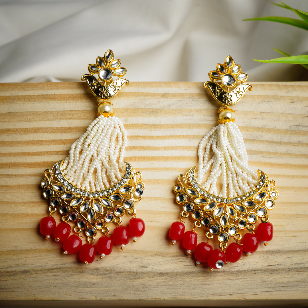 Traditional Kundan Red Pearl Drop Earrings