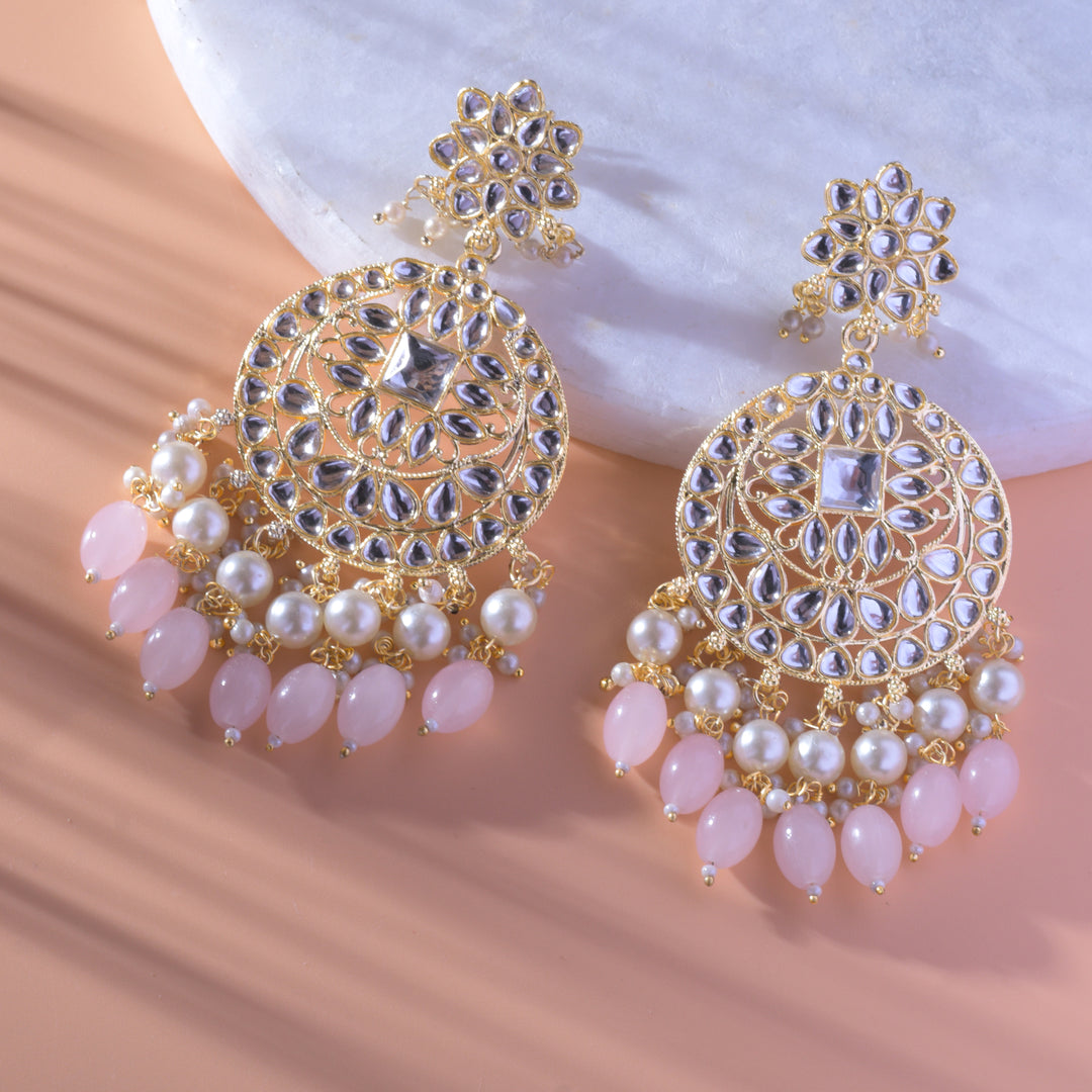 Gold Plated Traditional Light Pink Kundan & Pearl Earring