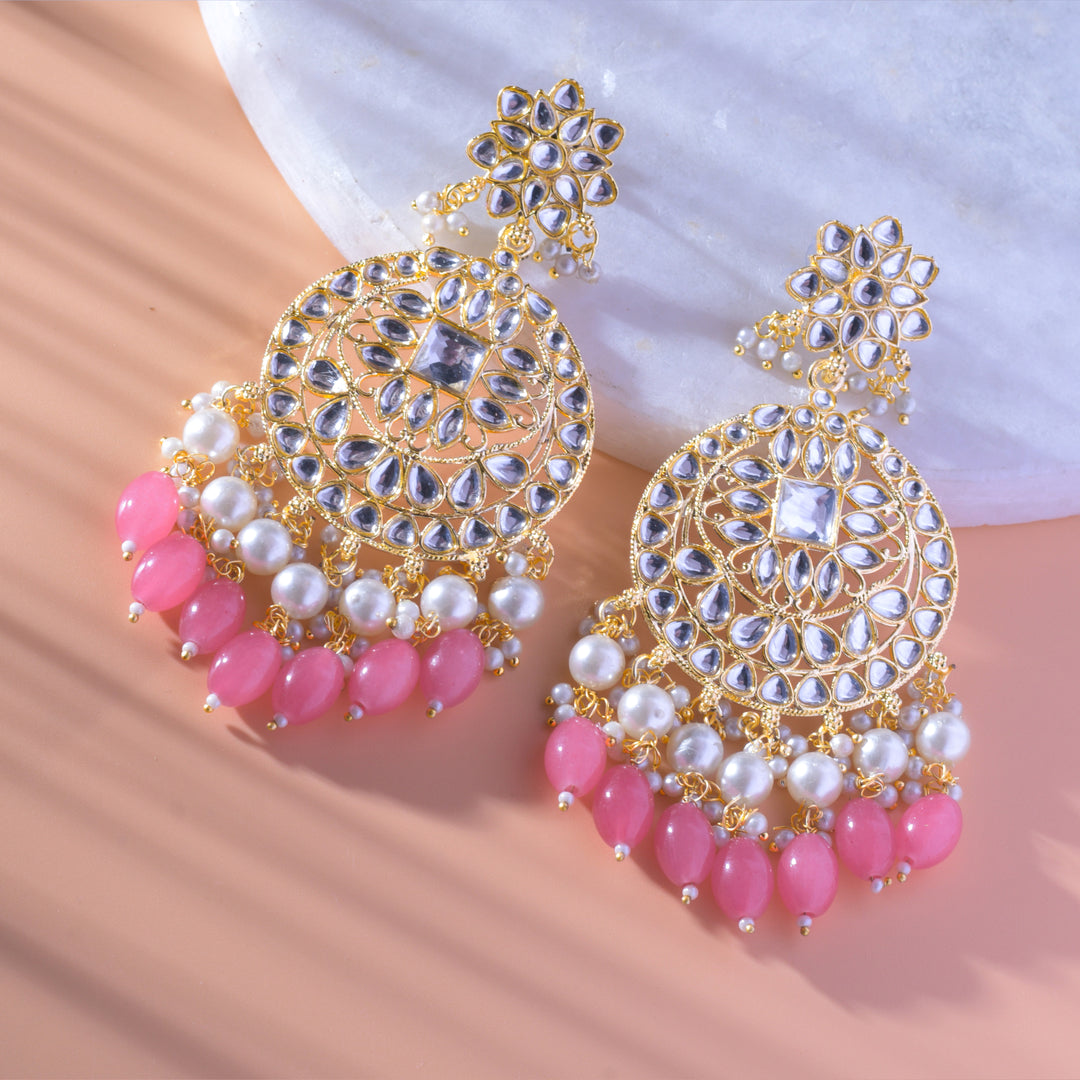Gold Plated Traditional Pink Kundan & Pearl Earring