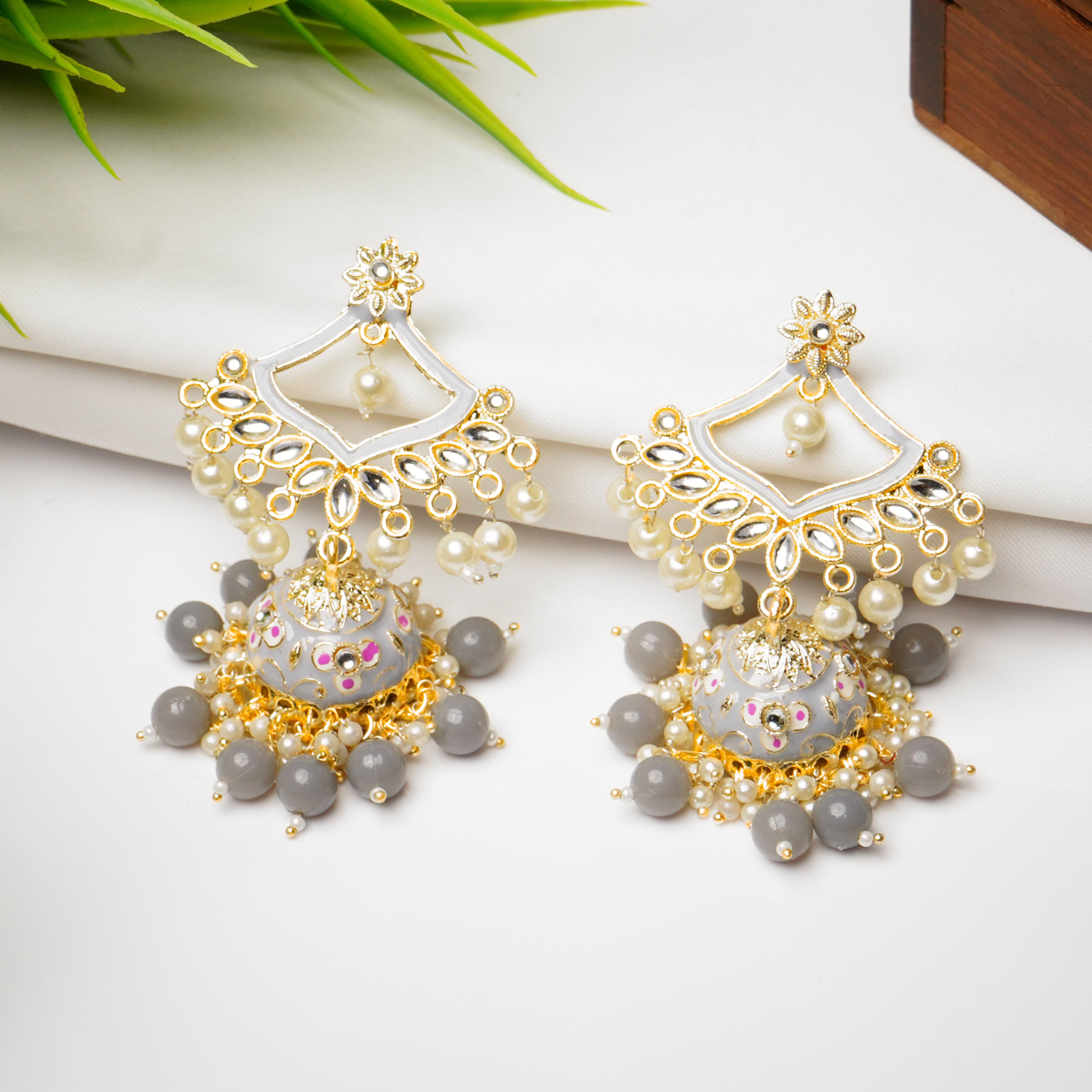Traditional Gold Plated Grey Kundan Pearl Drop Earrings