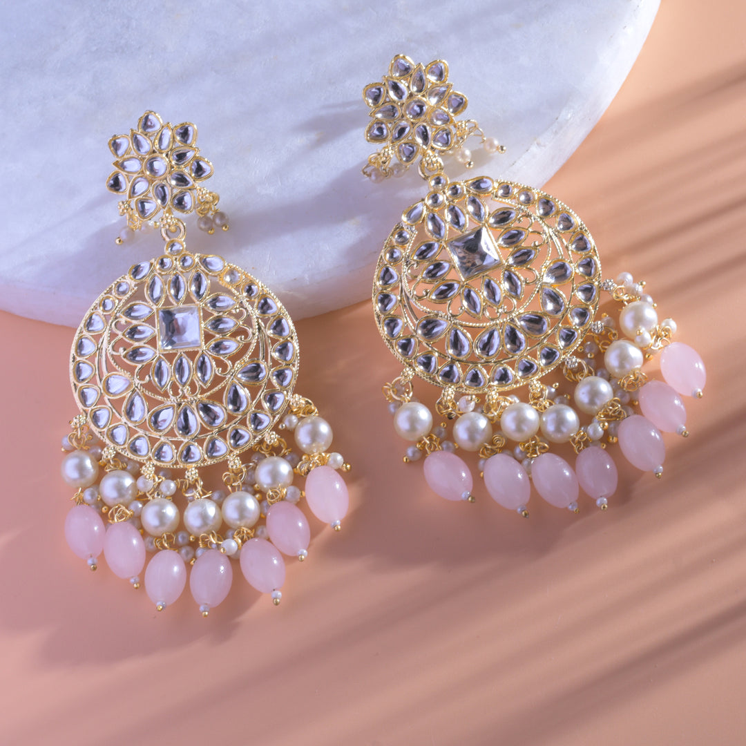 Gold Plated Traditional Light Pink Kundan & Pearl Earring
