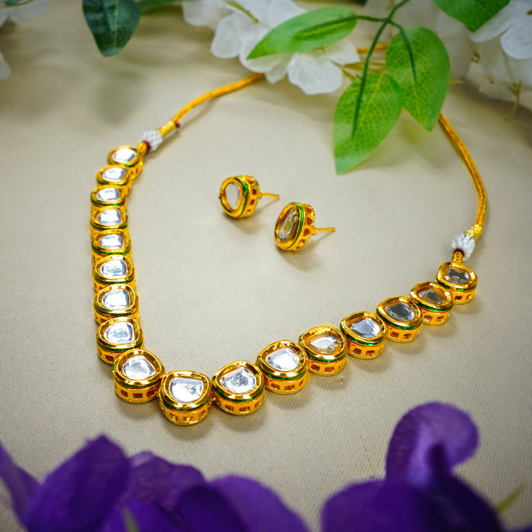 Gold Plated D Shape Kundan Necklace Set