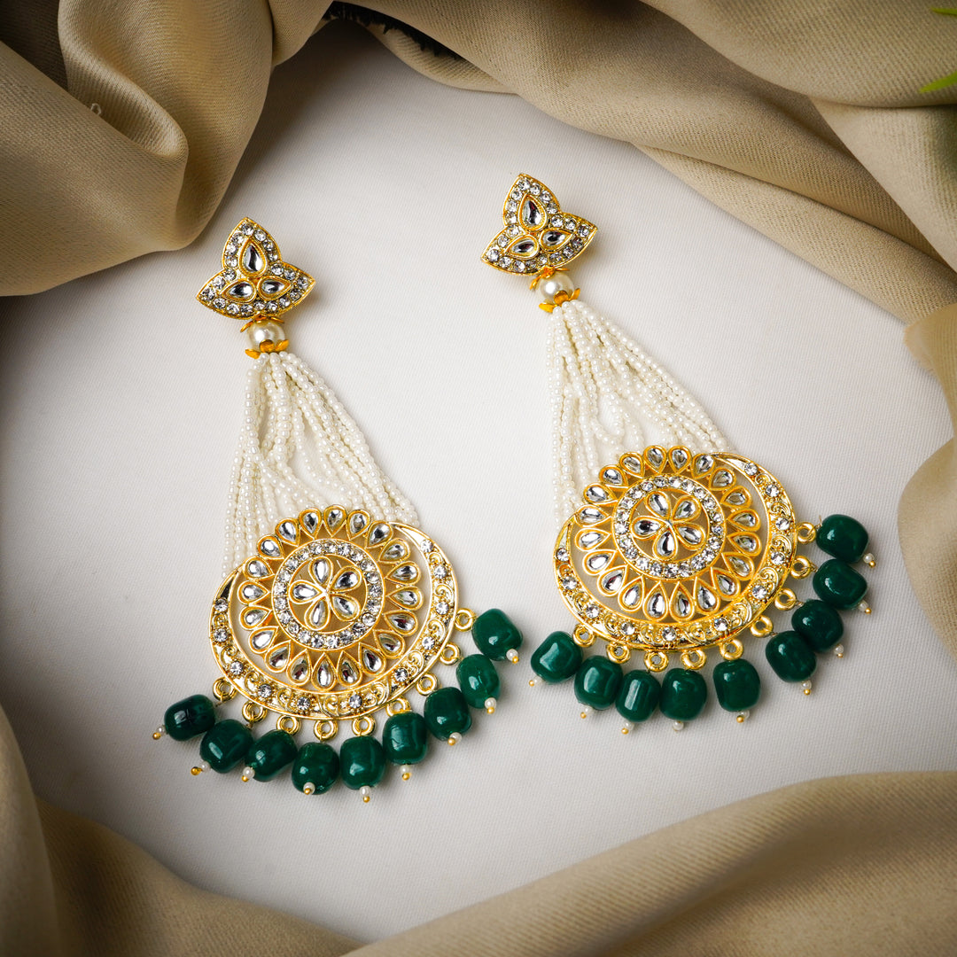 Gold-Plated Dark Green Chandbali Kundan Pearl Earrings