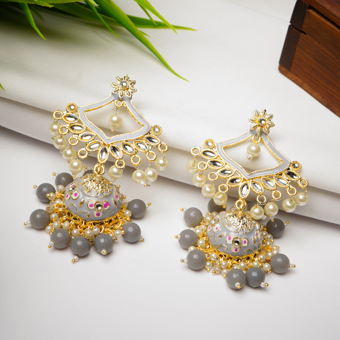 Traditional Gold Plated Grey Kundan Pearl Drop Earrings