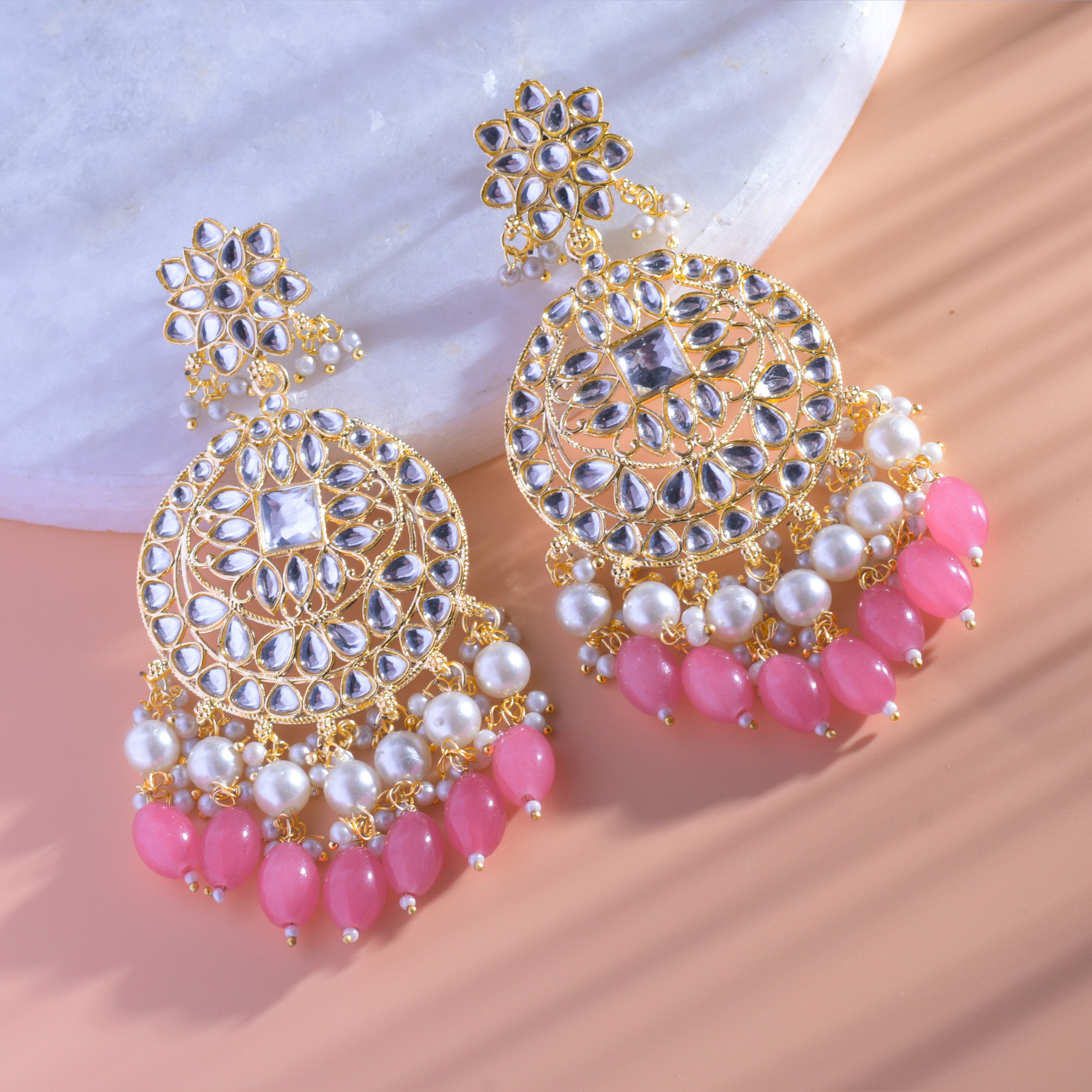 Gold Plated Traditional Pink Kundan & Pearl Earring