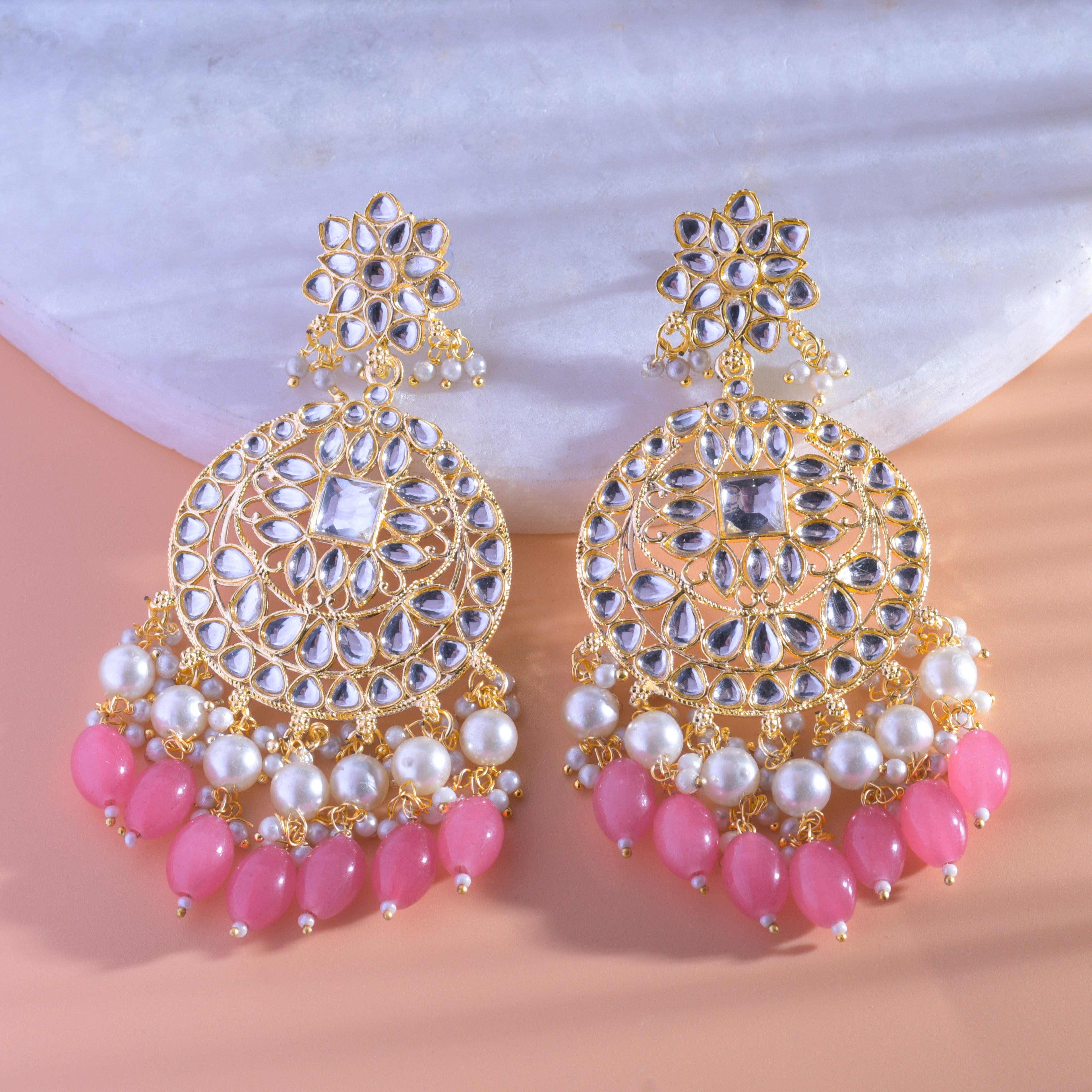 Gold Plated Traditional Pink Kundan & Pearl Earring