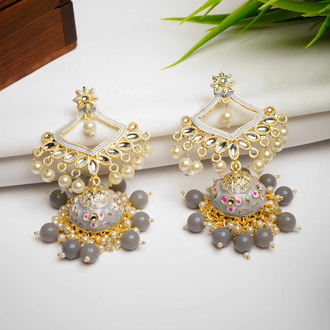 Traditional Gold Plated Grey Kundan Pearl Drop Earrings