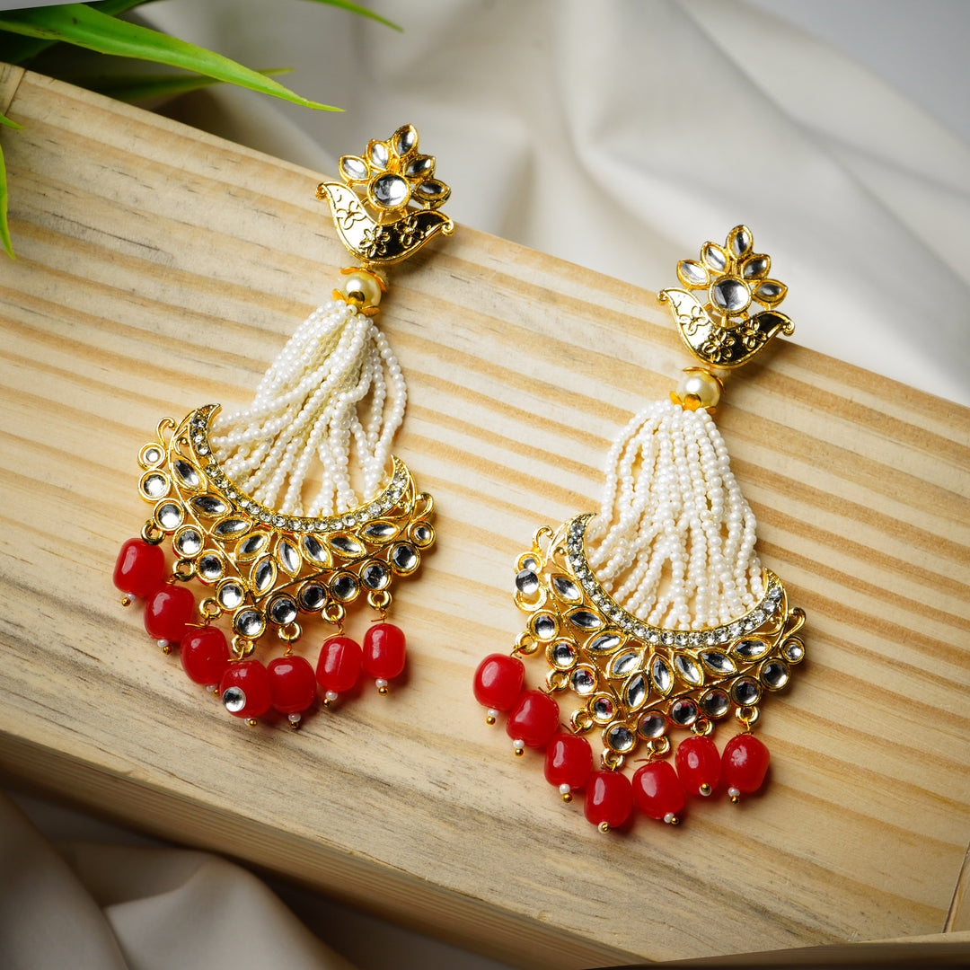 Traditional Kundan Red Pearl Drop Earrings