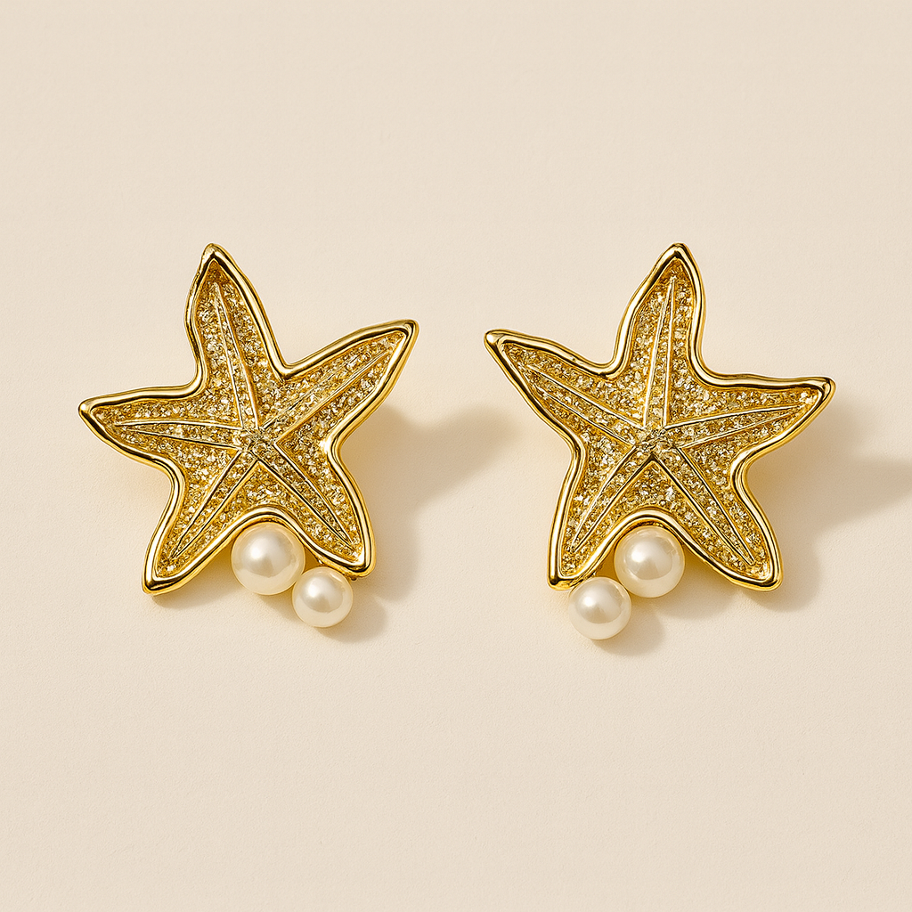 Golden Starfish & Pearl Studs