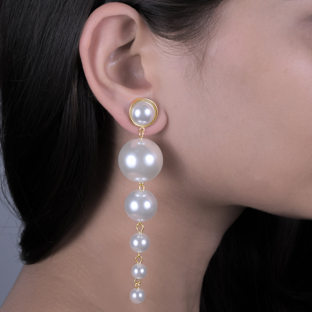 Silver Long Pearl Dangle Earrings