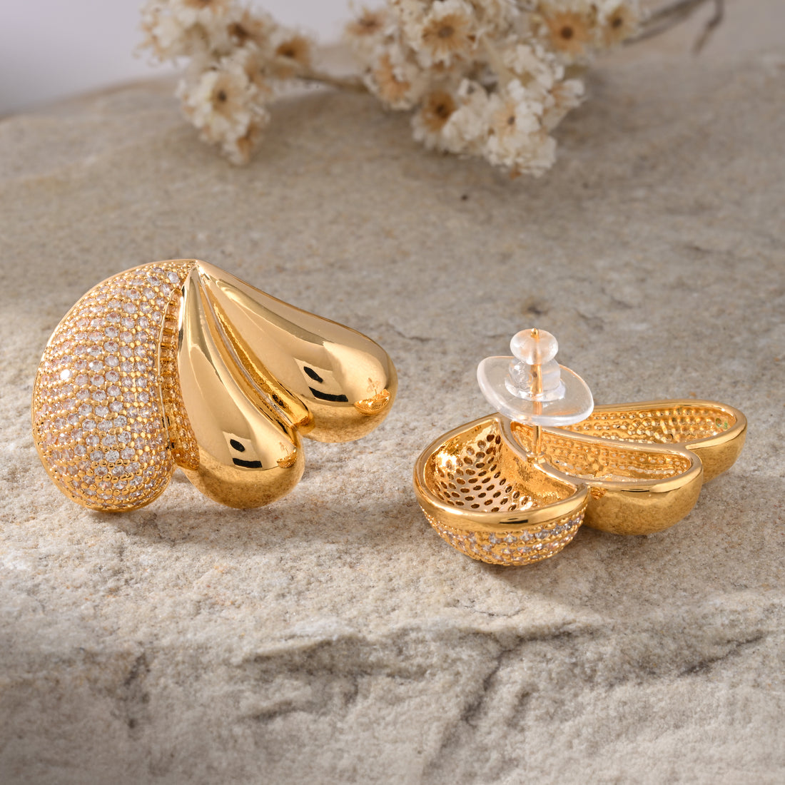 Leafy Gold - Faux Diamond Stud Earrings