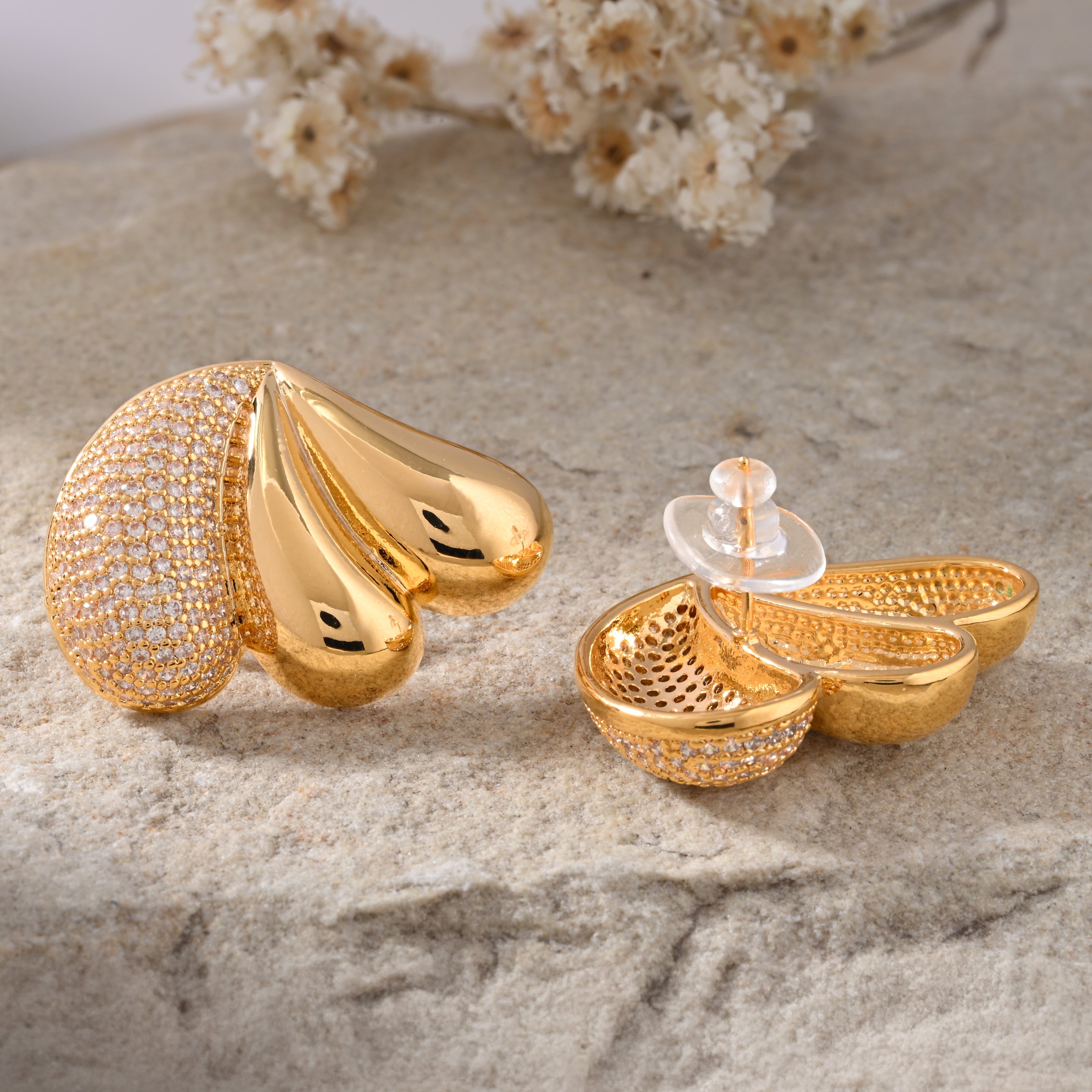 Leafy Gold - Faux Diamond Stud Earrings