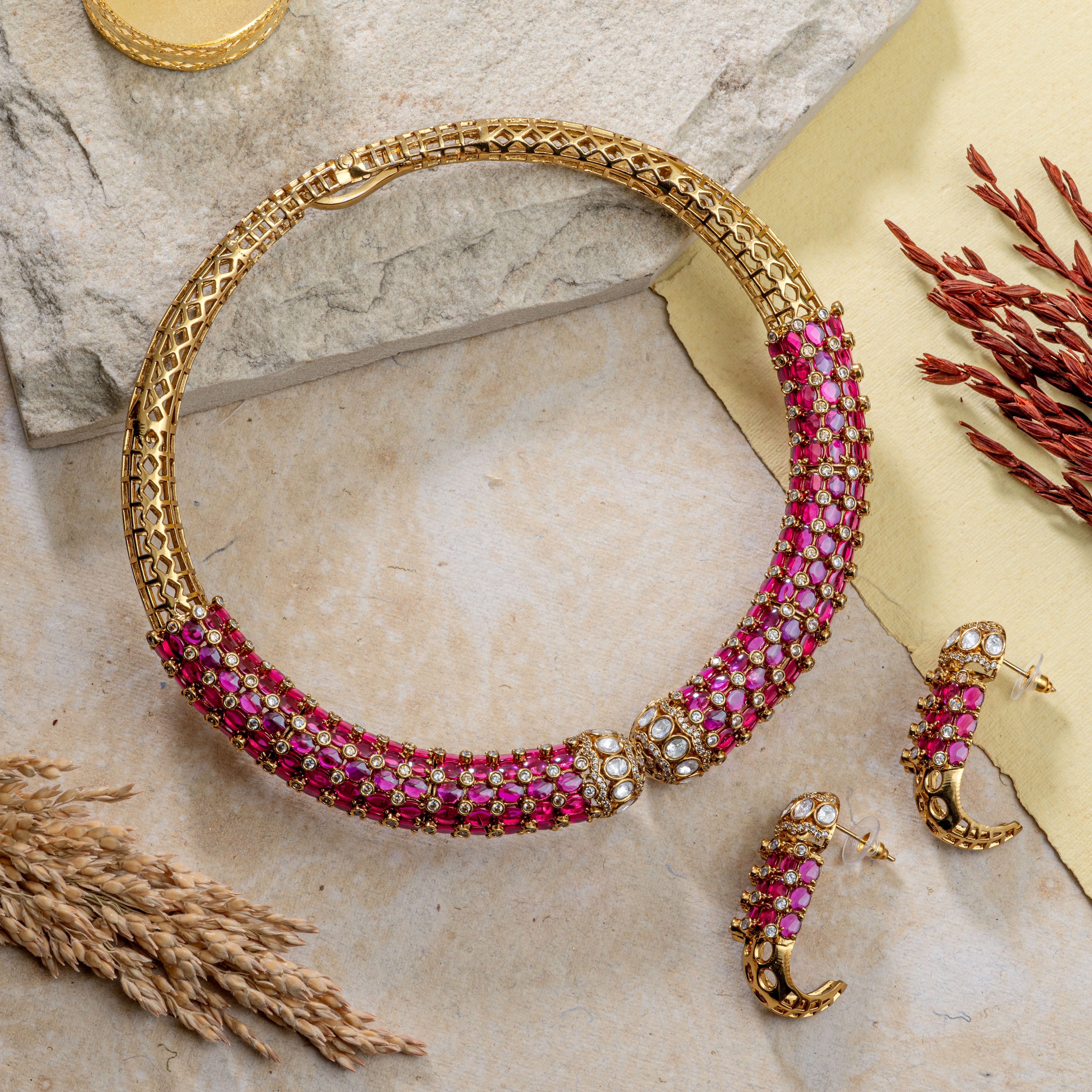 Rajasthani Pink Polki Hasli Set