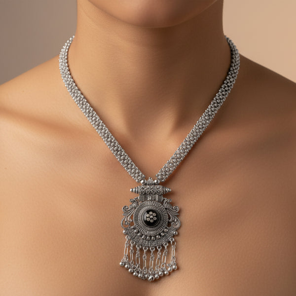 Silver Oxidised Floral Shaped Long Necklace