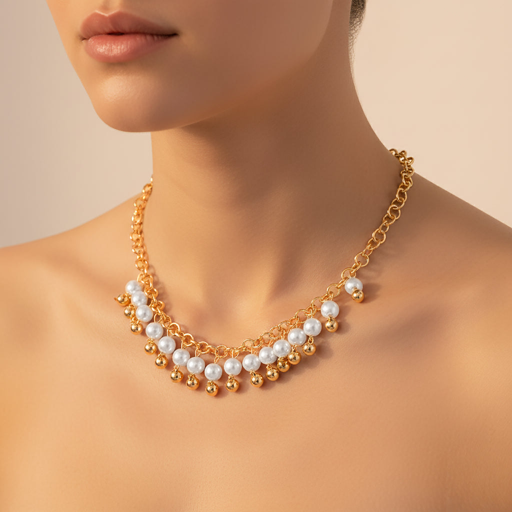 Premium Silver Pearl Beautiful Gold Plated Chain