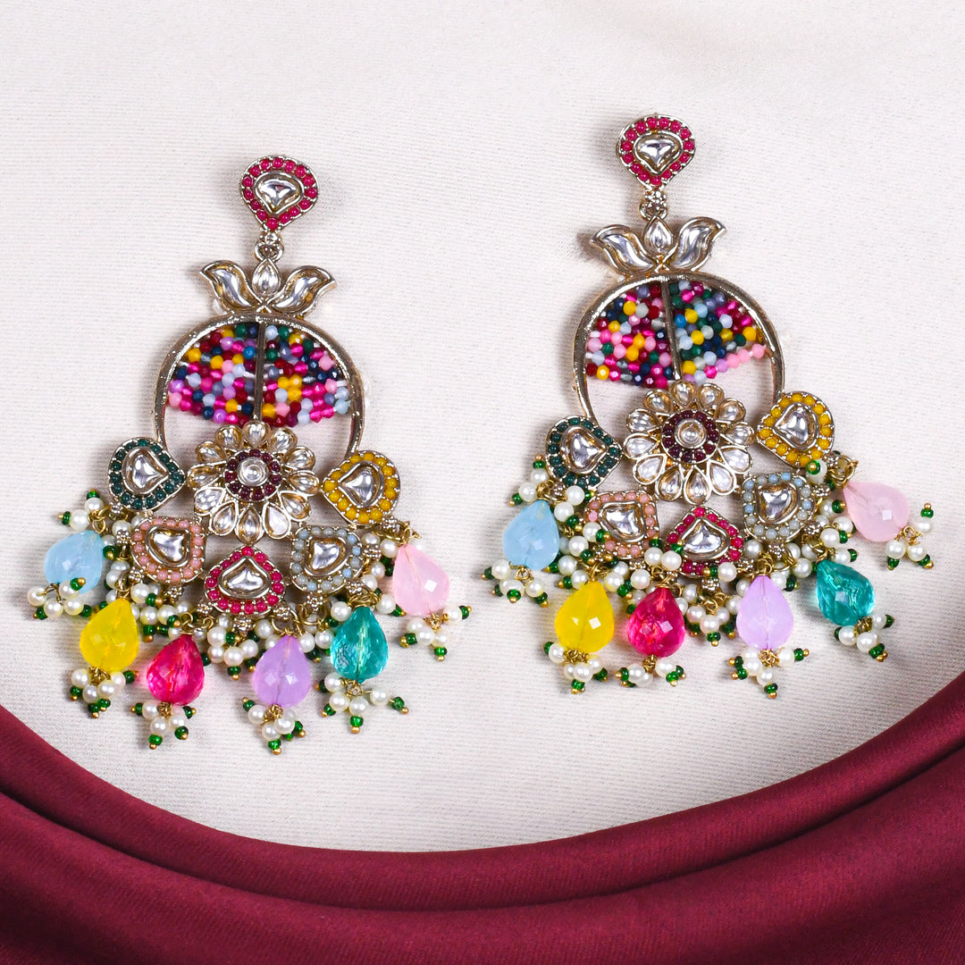 Gold Finish Kundan Polki & Multi Colored Stone Earrings