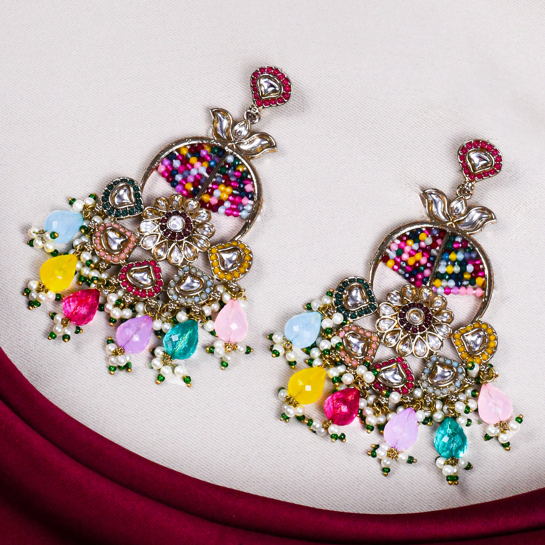 Gold Finish Kundan Polki & Multi Colored Stone Earrings