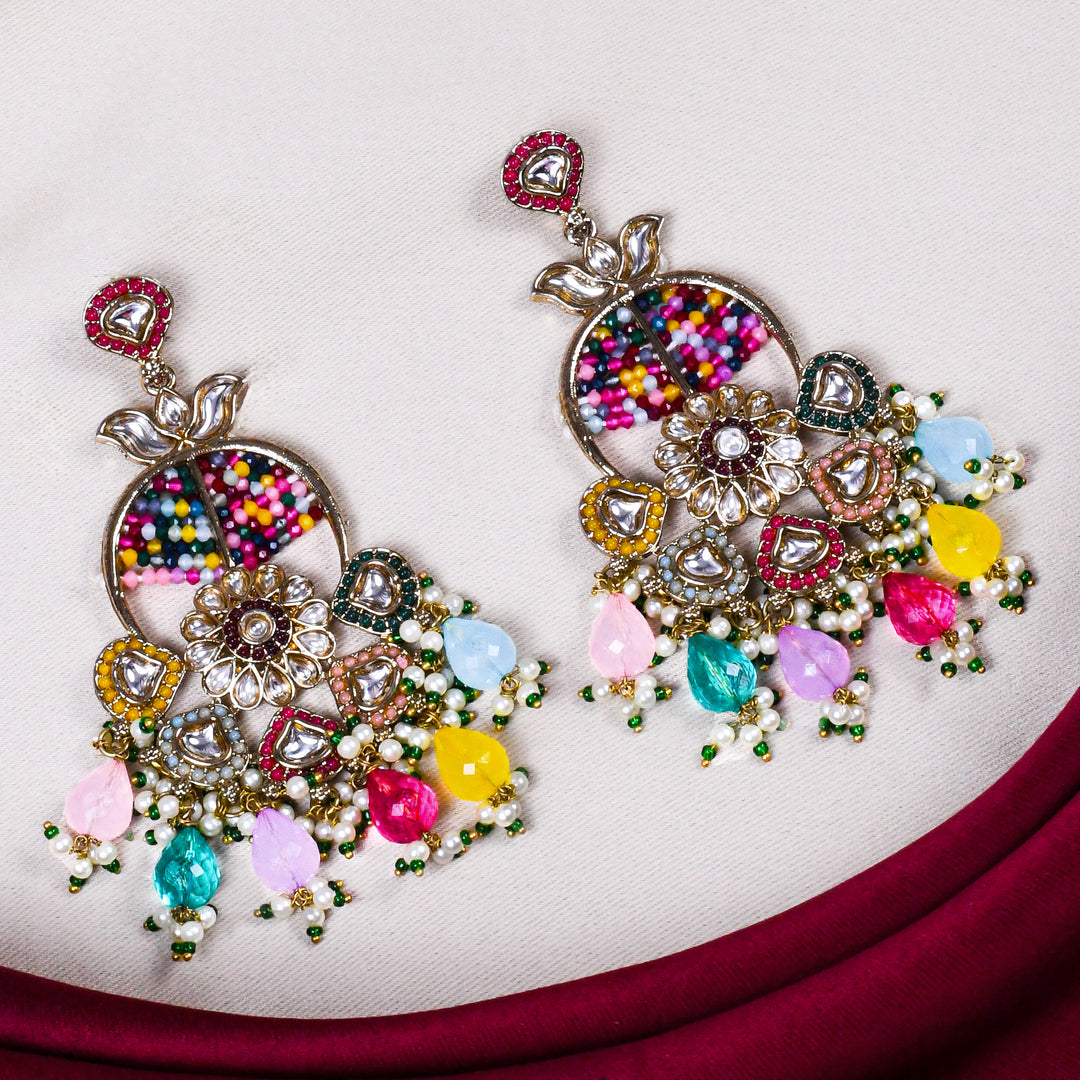 Gold Finish Kundan Polki & Multi Colored Stone Earrings