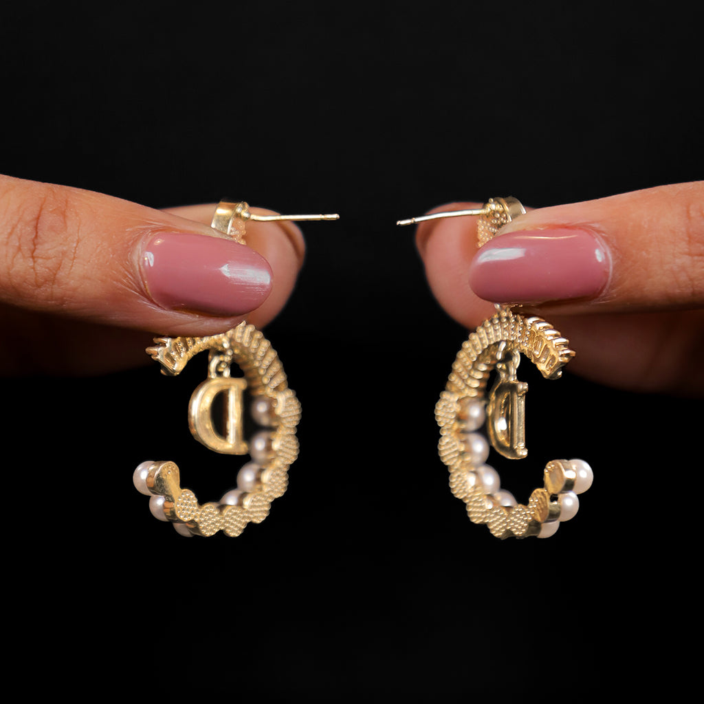 C Shape Hoop Pearl Studs Silver Earrings