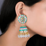 Load image into Gallery viewer, Blue Gold Toned Traditional Jhumka Earrings
